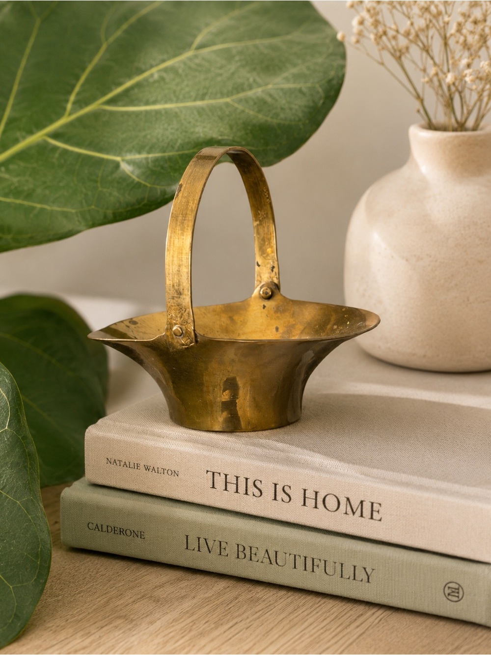 Small Vintage Brass Basket with Handle - Gold Tone